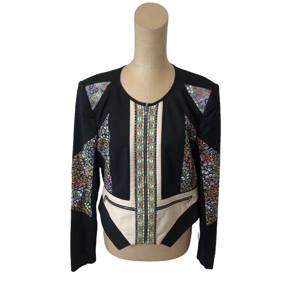 BCBGMaxAzria Black Jacket with Cream Panels and Multicolor Floral Trim